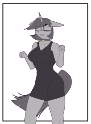 Size: 2200x3000 | Tagged: safe, artist:chapaevv, derpibooru import, twilight sparkle, anthro, unicorn, choker, clothes, collar, dancing, dress, glasses, monochrome, patreon, patreon reward, sad cat dance, solo