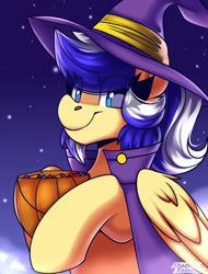 Size: 1200x1575 | Tagged: safe, artist:shadowreindeer, derpibooru import, oc, oc:animatedpony, pegasus, pony, boosty reward, bust, clothes, costume, eye clipping through hair, female, halloween, halloween costume, holiday, hoof hold, looking at you, mare, portrait, smiling, solo