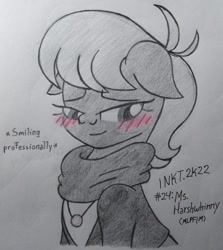 Size: 2103x2355 | Tagged: safe, artist:iceflower99, derpibooru import, ms. harshwhinny, blushing, clothes, ears, floppy ears, inktober, inktober 2022, jewelry, monochrome, necklace, scarf, traditional art