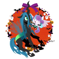 Size: 766x766 | Tagged: safe, artist:efuji_d, derpibooru import, princess flurry heart, queen chrysalis, alicorn, changeling, changeling queen, ghost, pony, undead, g4, auntie chrissy, baby, baby pony, blue blush, blush sticker, blushing, clothes, cookie, costume, crown, cute, duo, eyes closed, female, filly, flurrybetes, foal, food, halloween, halloween costume, hat, heart, holiday, horn, horn sock, jack-o-lantern, jewelry, open mouth, open smile, pumpkin, regalia, smiling, socks, wavy mouth, witch hat