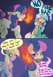Size: 3640x5200 | Tagged: safe, artist:witchtaunter, derpibooru import, bon bon, derpy hooves, lyra heartstrings, sweetie drops, earth pony, pegasus, pony, unicorn, angry, bon bon is not amused, comic, ears, faic, floppy ears, frankenlyra, frankenpony, frankenstein's monster, gradient background, halloween, holiday, l.u.l.s., mlp fim's twelfth anniversary, scared, simple background, sitting, speech bubble, stitches, torch, unamused, yelling