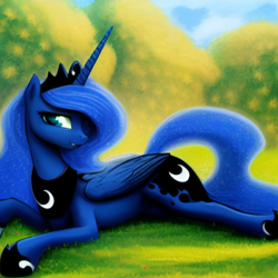 Size: 1024x1024 | Tagged: safe, derpibooru import, editor:dovakkins, generator:purplesmart.ai, generator:stable diffusion, machine learning generated, princess luna, alicorn, pony, crown, cute, female, jewelry, lunabetes, lying down, mare, prone, regalia, solo