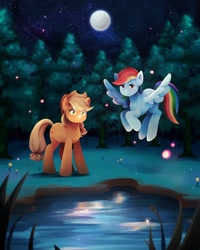 Size: 1642x2048 | Tagged: safe, artist:applesartt, derpibooru import, applejack, rainbow dash, earth pony, pegasus, pony, female, floating, forest, freckles, full moon, mare, moon, night, night sky, pond, sky, water, wide eyes