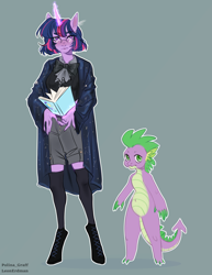 Size: 1836x2384 | Tagged: safe, artist:leonerdman, derpibooru import, spike, twilight sparkle, anthro, dragon, unguligrade anthro, alternate hairstyle, book, boots, bowtie, cloak, clothes, glasses, glowing, glowing horn, horn, open book, shoes, short hair, shorts, stockings, thigh highs