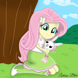 Size: 900x900 | Tagged: safe, artist:mlplary6, derpibooru import, angel bunny, fluttershy, equestria girls, carrying, female, looking at you, sitting, smiling, smiling at you, tree