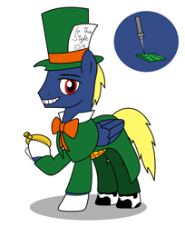 Size: 2160x2650 | Tagged: safe, artist:metal-jacket444, derpibooru import, pegasus, pony, batman, bowtie, circuit board, clothes, cutie mark, dc comics, hat, jervis tetch, mad hatter, mad hatter (dc comics), pocket watch, ponified, simple background, sodering iron, solo, suit, top hat, watch, white background