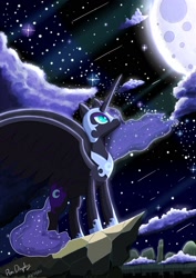 Size: 1080x1528 | Tagged: safe, artist:pen display, derpibooru import, nightmare moon, alicorn, pony, cloud, drawing, female, frown, looking up, mare, moon, night, shooting star, signature, solo, spread wings, wings