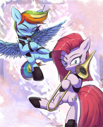 Size: 3000x3710 | Tagged: safe, artist:vultraz, derpibooru import, pinkie pie, rainbow dash, earth pony, pegasus, pony, abstract background, bipedal, choker, clothes, duo, eyes closed, female, flying, hoof hold, looking at you, mare, microphone, musical instrument, open mouth, pinkamena diane pie, pinktober, shoes, singing, spread wings, trombone, vest, wings