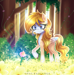 Size: 2240x2272 | Tagged: safe, artist:opal_radiance, derpibooru import, oc, oc only, pegasus, pony, beautiful, bush, coat markings, colored wings, commission, crepuscular rays, flower, forest, forest background, lighting, multicolored wings, pale belly, pegasus oc, scenery, socks (coat marking), solo, wings