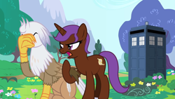 Size: 1280x720 | Tagged: safe, artist:mlp-silver-quill, derpibooru import, oc, oc:eliyora, oc:silver quill, after the fact, after the fact:it ain't easy being breezies, doctor who, facepalm, flower, hair lock, tardis, tree