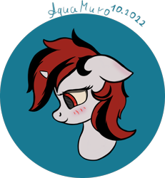 Size: 1944x2105 | Tagged: safe, alternate version, artist:aquamuro, derpibooru import, oc, oc only, oc:blackjack, pony, unicorn, fallout equestria, fallout equestria: project horizons, abstract background, blushing, bust, cute, fanfic art, female, horn, mare, signature, simple background, sketch, small horn, smiling, solo, style emulation, transparent background, two toned mane, unicorn oc