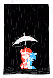 Size: 1441x2104 | Tagged: safe, artist:jimmyjamno1, derpibooru import, pegasus, pony, unicorn, black background, duo, limited palette, rain, simple background, umbrella