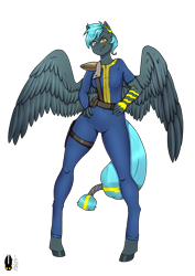 Size: 1446x2039 | Tagged: safe, artist:natt333, derpibooru import, oc, oc only, oc:storm aura, anthro, pegasus, unguligrade anthro, fallout equestria, clothes, commission, commissioner:solar aura, fallout, jumpsuit, pegasus oc, simple background, solo, tattoo, transparent background, vault suit, wings