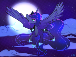 Size: 1685x1269 | Tagged: safe, artist:sxlipsis, derpibooru import, princess luna, alicorn, pony, g4, cloud, cloudy, crown, female, jewelry, mare, moon, night, regalia, solo, stars