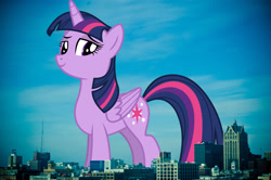 Size: 2048x1362 | Tagged: safe, artist:gamemasterluna, artist:jaredking779, derpibooru import, twilight sparkle, twilight sparkle (alicorn), alicorn, pony, female, folded wings, giant alicorn, giant pony, giantess, highrise ponies, irl, looking at you, macro, mare, mega giant, milwaukee, photo, ponies in real life, smiling, solo, twizilla, wings, wisconsin