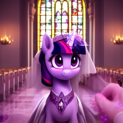 Size: 512x512 | Tagged: safe, derpibooru import, generator:stable diffusion, machine learning generated, twilight sparkle, human, pony, unicorn, church, clothes, cute, dress, glowing, glowing horn, hand, horn, magic, marriage, offscreen character, offscreen human, peytral, telekinesis, twiabetes, veil, wedding, wedding dress