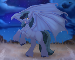 Size: 5315x4252 | Tagged: safe, artist:creed larsen, derpibooru import, oc, oc:scrimmy, bat pony, pony, fangs, male, night, smiling, solo, wings