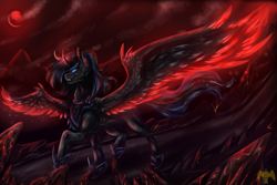 Size: 2560x1707 | Tagged: safe, artist:kwiateko, derpibooru import, alicorn, pony, blood moon, blue eyes, commission, female, full body, grin, lava, moon, smiling, solo, spooky, spread wings, volcano, walking, wings