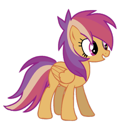 Size: 3072x3072 | Tagged: safe, artist:taeko, derpibooru import, oc, oc only, oc:speedy skies, pegasus, pony, 2022, base used, female, folded wings, fuchsia eyes, gritted teeth, looking offscreen, magical lesbian spawn, mare, missing cutie mark, multicolored mane, multicolored tail, offspring, orange fur, parent:rainbow dash, parent:scootaloo, parents:scootadash, pegasus oc, simple background, smiling, solo, tail, teeth, transparent background, wings