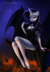 Size: 892x1280 | Tagged: safe, artist:severnoesi, derpibooru import, rarity, anthro, undead, unguligrade anthro, unicorn, vampire, bat wings, black dress, breasts, cleavage, clothes, dress, female, halloween, holiday, looking at you, mare, pumpkin, raritits, solo, wings