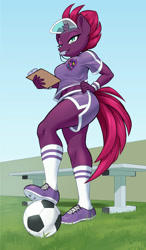 Size: 1048x1800 | Tagged: safe, artist:dstears, derpibooru import, tempest shadow, anthro, plantigrade anthro, unicorn, belly button, blowing whistle, breasts, broken horn, clipboard, clothes, eye scar, female, football, grass, gym teacher tempest, horn, mare, midriff, mouth hold, scar, shoes, shorts, socks, solo, sports, sports shorts, t-shirt, visor, whistle