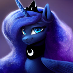 Size: 1024x1024 | Tagged: safe, derpibooru import, editor:dovakkins, generator:purplesmart.ai, generator:stable diffusion, machine learning generated, princess luna, alicorn, pony, g4, bust, clothes, crown, cute, female, jewelry, looking at you, mare, portrait, regalia, scarf, simple background, smiling, smiling at you, solo