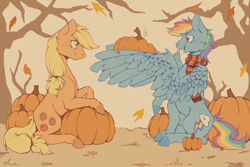 Size: 3000x2000 | Tagged: safe, artist:flaming-trash-can, derpibooru import, applejack, rainbow dash, earth pony, pegasus, pony, autumn, clothes, leaves, pumpkin, scarf, striped scarf, tree