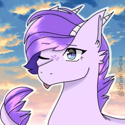 Size: 1080x1080 | Tagged: safe, artist:malikaulfah12, derpibooru import, oc, oc only, oc:crystal clarity, dracony, hybrid, bust, female, interspecies offspring, kilalaverse, offspring, one eye closed, outline, parent:rarity, parent:spike, parents:sparity, signature, solo, tongue, tongue out, wink