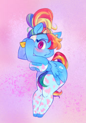 Size: 903x1280 | Tagged: safe, artist:v33tox, derpibooru import, rainbow dash, anthro, pegasus, unguligrade anthro, alternate hairstyle, arm hooves, big breasts, blushing, breasts, butt, chibi, clothes, cow ears, cow horns, cowprint, headband, hips, horns, large butt, looking at you, one eye covered, ponytail, rainboob dash, socks, solo, thigh highs, thighs, thunder thighs, wide hips