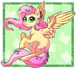 Size: 1175x1063 | Tagged: safe, artist:moonvr, derpibooru import, fluttershy, pegasus, pony, abstract background, chest fluff, ear fluff, ears, female, flower, flower in hair, flower in tail, looking up, mare, outline, solo, spread wings, tail, three quarter view, unshorn fetlocks, white outline, wings