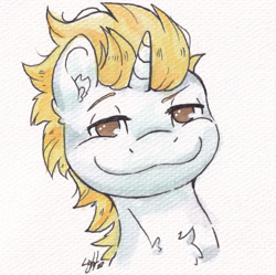 Size: 2295x2286 | Tagged: safe, artist:lightisanasshole, derpibooru import, oc, oc only, oc:current loop, pony, unicorn, bust, portrait, smug, solo, traditional art