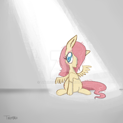 Size: 1920x1920 | Tagged: safe, artist:tinumbrio, derpibooru import, fluttershy, pegasus, pony, aside glance, blushing, deviantart watermark, female, hair over one eye, head tilt, looking at you, mare, obtrusive watermark, raised hoof, raised leg, sitting, solo, spotlight, spread wings, watermark, wings