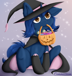 Size: 3300x3500 | Tagged: safe, artist:rafiiis, derpibooru import, oc, oc only, pony, unicorn, candy, candy cane, cape, clothes, female, food, halloween, hat, holiday, horn, pumpkin bucket, solo, unicorn oc, witch, witch hat