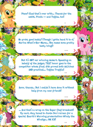 Size: 2048x2792 | Tagged: safe, derpibooru import, idw, applejack, pinkie pie, vermouth roux, earth pony, griffon, pony, applejack's hat, bowtie, clothes, cowboy hat, dialogue, english, event, female, game screencap, gameloft, glasses, ham pony, hat, idw showified, male, mare, microphone, official, spread wings, stallion, text, toffee truffle, wings