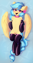 Size: 2192x4096 | Tagged: safe, artist:kebchach, derpibooru import, oc, oc only, oc:jeppesen, pegasus, pony, bed, bedroom eyes, braid, braided tail, butt fluff, chest fluff, clothes, collar, ear fluff, ears, featureless crotch, female, flower, flower in hair, latex, latex socks, latex stockings, mare, on bed, open mouth, pegasus oc, socks, solo, spread wings, stockings, tail, thigh highs, twin braids, wings