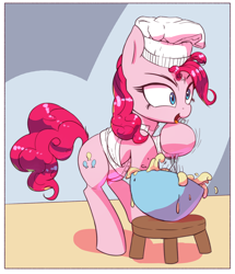 Size: 3000x3489 | Tagged: safe, artist:vultraz, derpibooru import, ponerpics import, pinkie pie, earth pony, pony, baking, bowl, chef's hat, clothes, dough, egg beater, female, hat, mare, mixing, mixing bowl, open mouth, pinktober, shirt, solo, stool