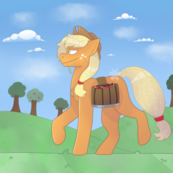 Size: 1890x1890 | Tagged: safe, artist:padfoottg, derpibooru import, applejack, earth pony, pony, apple, apple basket, apple tree, female, solo, straw in mouth, tree