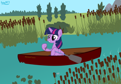 Size: 4478x3118 | Tagged: safe, artist:ironm17, derpibooru import, twilight sparkle, twilight sparkle (alicorn), alicorn, pony, canoe, cattails, female, hoof hold, mare, paddle, reeds, solo, water