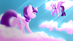 Size: 1920x1080 | Tagged: safe, artist:cookiesmolbean, derpibooru import, starlight glimmer, twilight sparkle, twilight sparkle (alicorn), alicorn, pony, unicorn, the cutie re-mark, butt, cloud, duo, female, flying, plot, scene interpretation