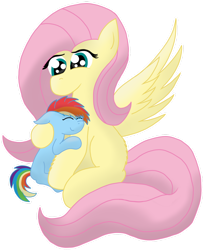 Size: 1280x1563 | Tagged: safe, artist:zeccy-zebra, derpibooru import, fluttershy, rainbow dash, pegasus, pony, age regression, cute, dashabetes, ears, eyes closed, female, filly, filly rainbow dash, floppy ears, foal, hug, mare, missing cutie mark, ponytober, shyabetes, simple background, transparent background, wingless, younger