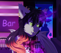 Size: 5314x4606 | Tagged: safe, artist:creed larsen, derpibooru import, oc, bat pony, pony, drink, fangs, horn, magic, male, neon, piercing, solo, wings