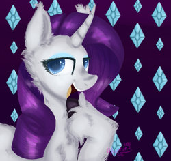 Size: 1171x1106 | Tagged: safe, artist:4agonism, derpibooru import, rarity, pony, unicorn, abstract background, bedroom eyes, cheek fluff, chest fluff, cloven hooves, colored hooves, curved horn, ear fluff, ears, eyeshadow, female, hoof fluff, hoof on chest, horn, lidded eyes, looking sideways, makeup, mare, open mouth, open smile, raised hoof, raised leg, smiling, solo, unshorn fetlocks