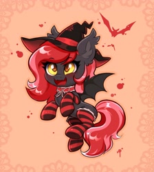 Size: 3299x3676 | Tagged: safe, artist:confetticakez, derpibooru import, oc, oc only, oc:strawberry stylus, bat pony, pony, blood, choker, clothes, flying, hat, open mouth, open smile, smiling, socks, solo, spread wings, striped socks, thigh highs, wings, witch hat