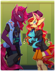 Size: 996x1280 | Tagged: safe, artist:pornypastel, derpibooru import, sunset shimmer, tempest shadow, anthro, cat, unicorn, alternate universe, barbell piercing, blushing, ear piercing, ember the cat, high school, horn, lockers, looking at each other, looking at someone, piercing, pride, pride flag