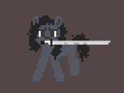 Size: 512x384 | Tagged: safe, artist:longsword, derpibooru exclusive, derpibooru import, oc, oc only, earth pony, pony, abstract background, battle stance, female, gray coat, mare, messy hair, messy mane, messy tail, mouth hold, pixel art, solo, sword, tail, weapon