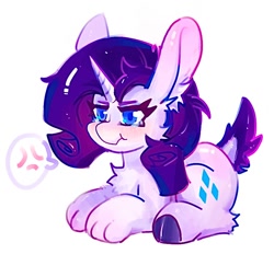 Size: 880x816 | Tagged: safe, artist:rugr, derpibooru import, rarity, hybrid, pony, rabbit, unicorn, :t, animal, bunnified, bunny ears, chest fluff, cross-popping veins, dock, emanata, female, mare, paws, simple background, solo, species swap, tail, white background
