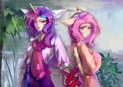 Size: 2224x1574 | Tagged: safe, artist:rugr, derpibooru import, fluttershy, rarity, human, female, flarity, humanized, lesbian, shipping