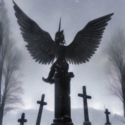 Size: 1024x1024 | Tagged: safe, derpibooru import, editor:caligari87, generator:purplesmart.ai, generator:stable diffusion, machine learning assisted, machine learning generated, alicorn, bare tree, crucifix, feathered wings, gravestone, graveyard, large wings, pedestal, silhouette, solo, spread wings, statue, stone, tree, wings