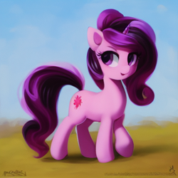 Size: 512x512 | Tagged: safe, derpibooru import, editor:caligari87, generator:purplesmart.ai, generator:stable diffusion, machine learning generated, oc, earth pony, pony, curly hair, curly mane, raised hoof, raised leg, simple background, smiling, solo, unnamed oc