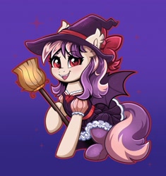 Size: 3300x3511 | Tagged: safe, artist:confetticakez, derpibooru import, oc, oc only, oc:sweet velvet, bat pony, pony, broom, clothes, dress, female, hat, high res, mare, smiling, solo, spread wings, stockings, thigh highs, wings, witch, witch hat